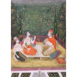An Indian Mughal watercolour of courtiers in a garden, 9" x 6", unframed