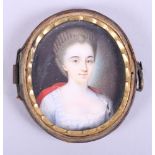 A mid 18th century portrait miniature of an unknown woman with red shawl, 1 3/4" x 1 3/8"