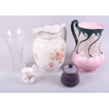 A Royal Doulton glass vase, a Denby pot and cover, two wash jugs and a smaller jug