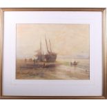 E A Krause, 1899: watercolours, boats on shore at sunset, 12" x 16", in gilt frame