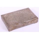 A Persian white metal cigarette box with floral and bird decoration, 9.5oz troy approx