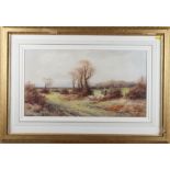 Alexander Molyneux Stannard: watercolours, landscape with shepherd and sheep crossing a bridge, 10