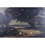 J F Barrett: oil on canvas, rustic landscape with cattle, 19 1/2" x 29 1/2", in gilt frame