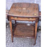 An Edwardian rosewood and string inlaid drop leaf two-tier table, fitted one drawer and galleried