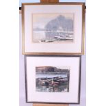 A watercolour, boat at dock, 9" x 13", in gilt frame, and another similar, 9" x 11", in black frame,