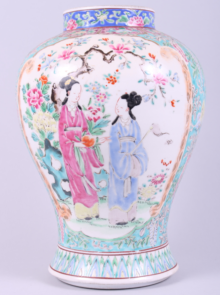 A 19th century Chinese porcelain polychrome enamel vase with figured panels, 10 1/2" high