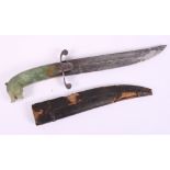 A 19th century Indian/Mughal dagger with carved jade handle, blade 9" long, in leather scabbard