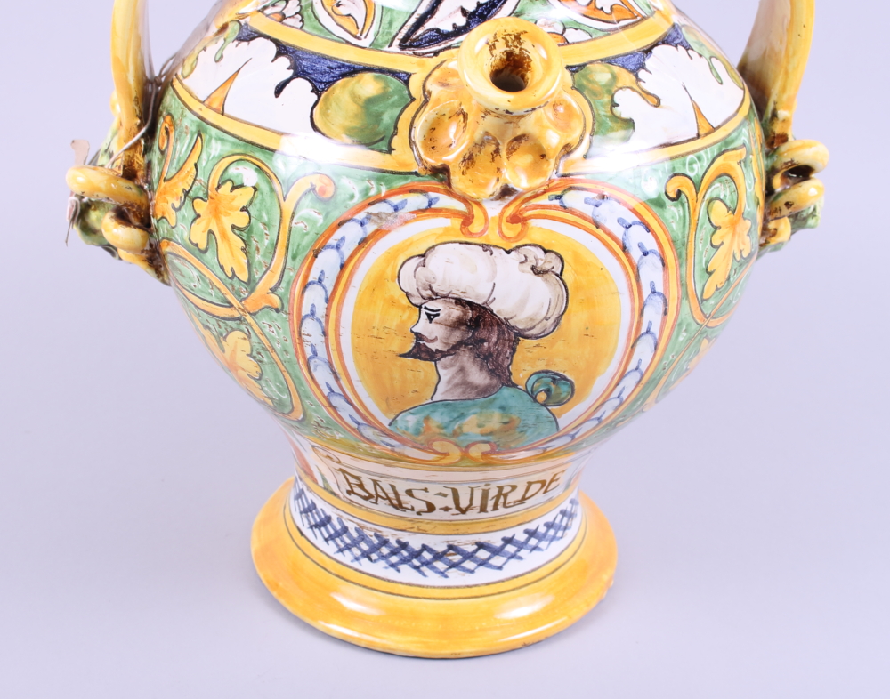 A mid 20th century Majolica two-handled wet drug jar with yellow and green glaze - Image 3 of 6