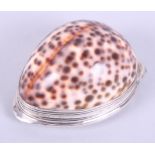 A Georgian silver mounted cowrie shell snuffbox, makers mark I.K
