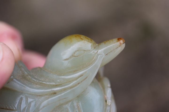 A Chinese carved pale celadon jade figure of a duck, 2 3/4" long, on associated carved hardwood - Image 5 of 8