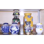 A pair of blue and white ginger jars, a yellow glazed vase, a cloisonne vase and other items