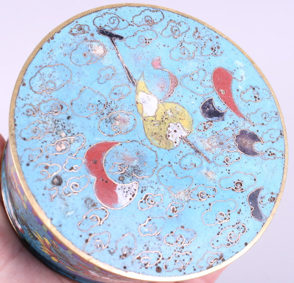 A 19th century cloisonne circular box and cover, decorated flowers, 3 3/4" high - Image 3 of 4