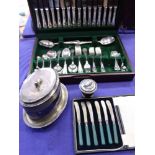 A canteen of A1 silver plated cutlery together with six dessert knives, a biscuit box and a table