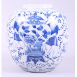 A Chinese blue and white ginger jar, decorated figures carrying a vase, with four character marks to