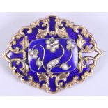 A Victorian yellow metal and blue enamel mourning brooch, set seed pearls and diamond accent, back