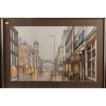 Martin Turner, '81: watercolours, "Street Scene", 14" x 22", in wooden strip frame
