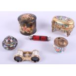 A Victorian cranberry glass and white metal doubled ended scent bottle, a cloisonne inkwell, one
