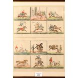 A 19th century German hand-coloured engraving, comic horse scenes, in ebonised strip frame