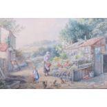 In the manner of Miles Birkett Foster: watercolours, figures and chickens in a cottage garden,