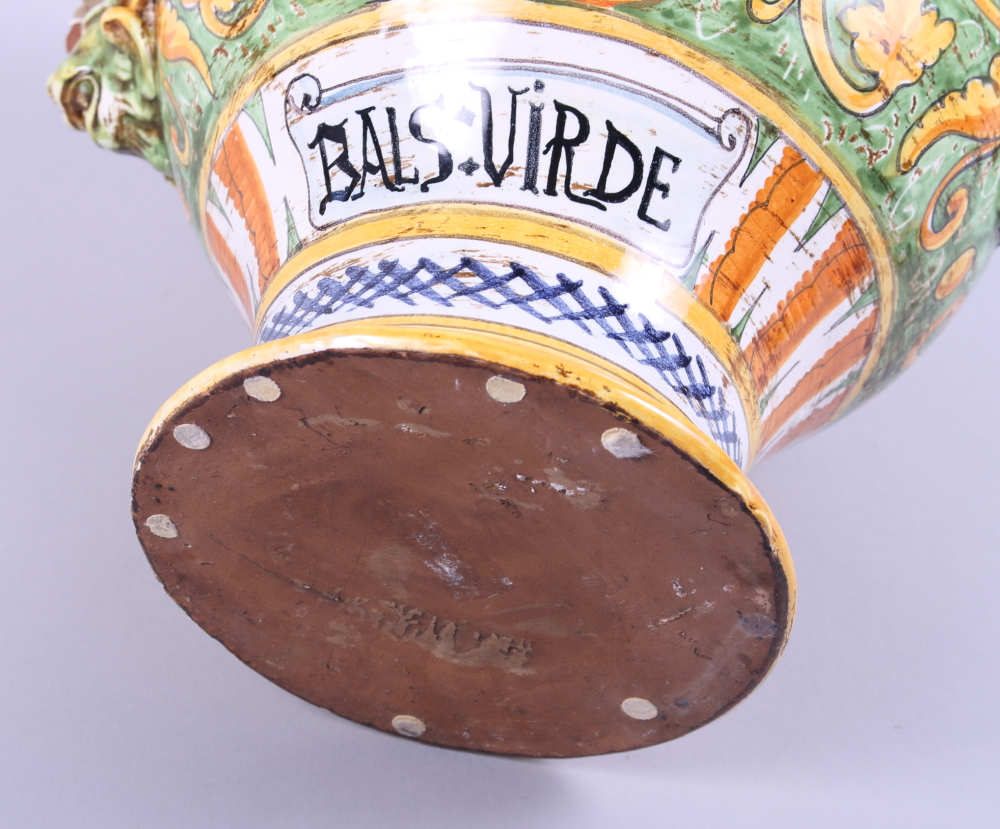 A mid 20th century Majolica two-handled wet drug jar with yellow and green glaze - Image 6 of 6