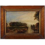 Early 19th century school: oil on oak panel, landscape with cattle watering and a river, 8" x 12",