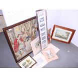 A Berlin woolwork embroidery, a quantity of framed cigarette cards, including football players,