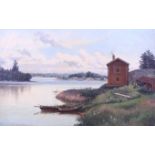 Finnish School?: oil on canvas, houses by a lake, 12" x 19", indistinctly signed, in gilt frame