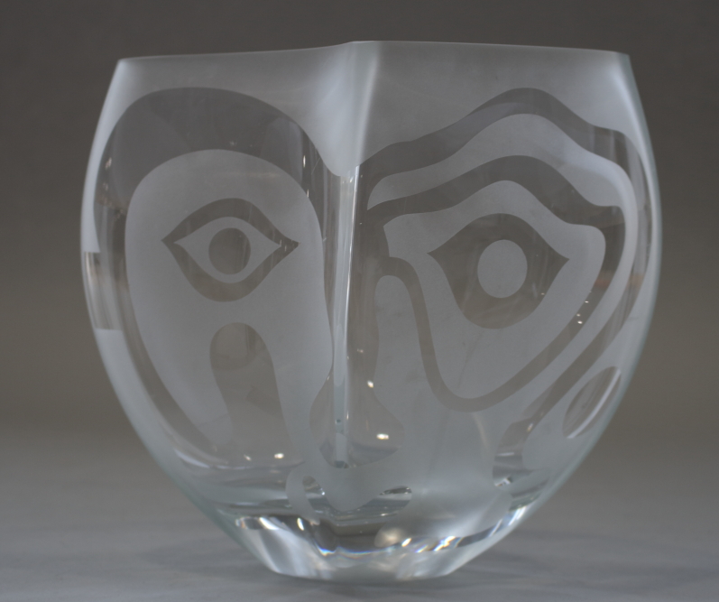 A Picasso style etched glass bowl, seven Dartington "Sharon" pattern wine glasses, two 19th