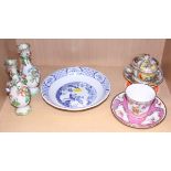 An Old Chelsea blue and white dish, a pair of relief decorated vases, a Helena Wolfsohn sugar box