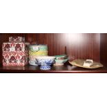 A carved mother-of-pearl plate, two matching bowls, a four-section dish stand, a square ginger jar