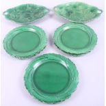 A set of eight 19th century Spode green glazed pottery leaf plates, 8 1/2" dia, and two similar