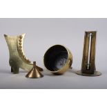 A 19th century brass oven thermometer, two brass funnels and a 19th century brass model of a high