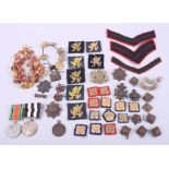 A quantity of cap badges and patches, a Defence medal and another medal