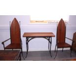 A Cherrywood and wrought iron console table with planked top, 39 1/4" wide, and a pair of Cherrywood