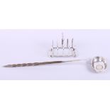 A silver toast rack and a silver toddy ladle, 3.7oz troy gross