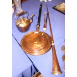 A copper warming pan, a copper kettle, a coaching horn and a hunting horn