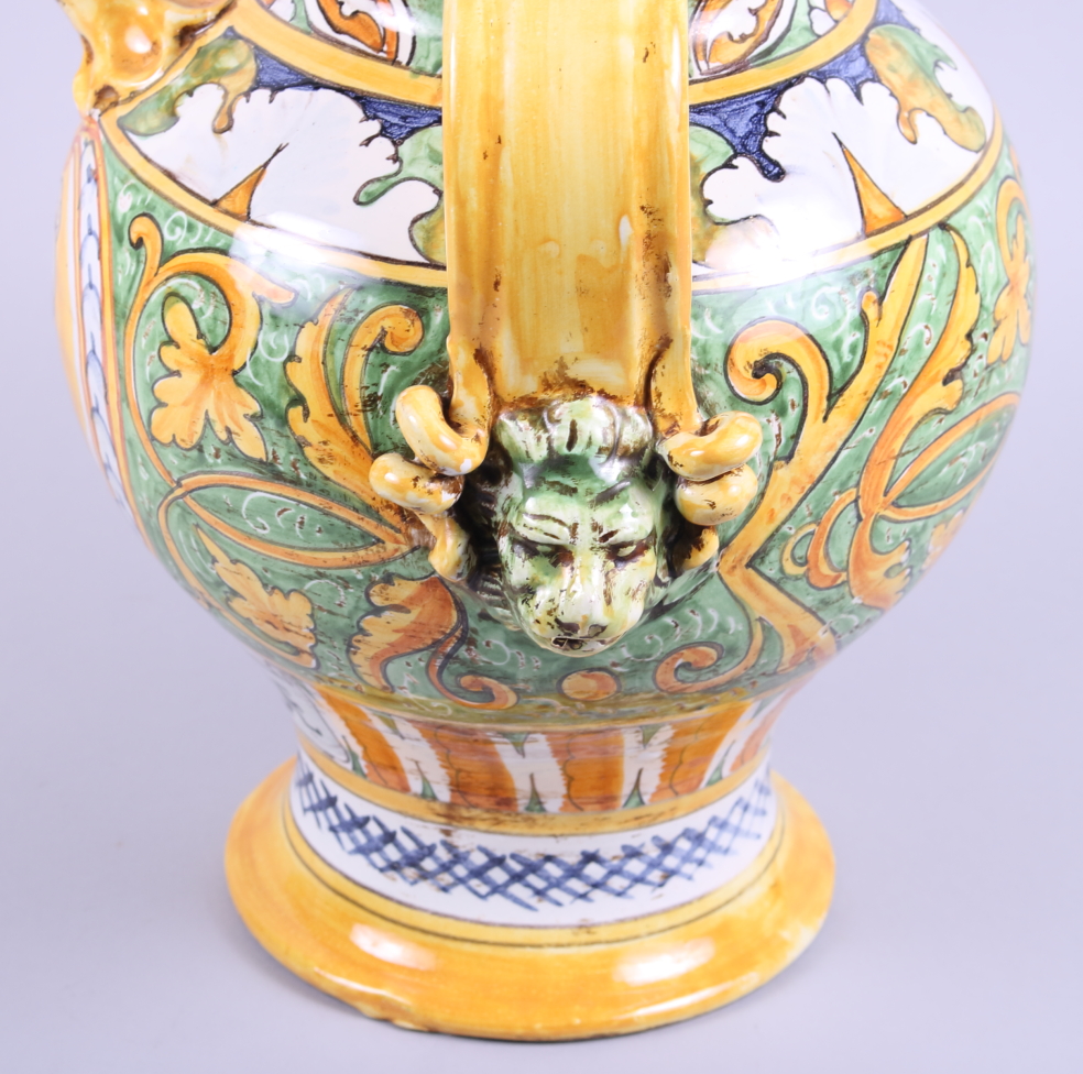 A mid 20th century Majolica two-handled wet drug jar with yellow and green glaze - Image 5 of 6