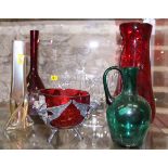 Four cut glass white wine glasses, a ruby glass sprinkler bottle, a jug, a ruby glass vase and other