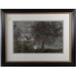 Gabrielle Bellocq: pastels, girls under a blossom tree, 11 1/2" x 19", in ebonised frame