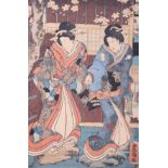 A Japanese woodblock print, two Geishas, unframed