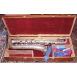 A Boosey & Co Ltd silver plated baritone saxophone, serial number 27295, in wooden carry case