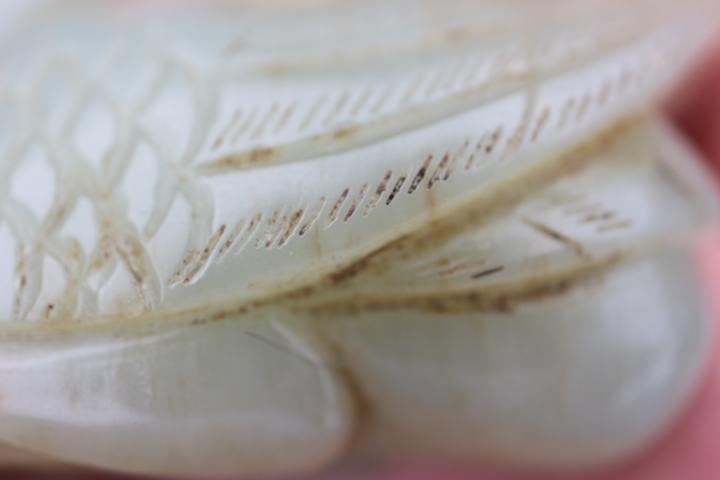 A Chinese carved pale celadon jade figure of a duck, 2 3/4" long, on associated carved hardwood - Image 8 of 8