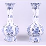 A pair of Delft hexagonal baluster vases with flared rims, 12" high