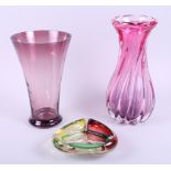 An art glass dish with three divisions and two coloured glass vases