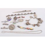 A Sampson Mordan silver propelling pencil, a silver charm bracelet with silver heart clasp, set