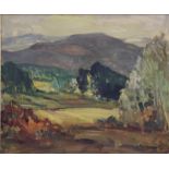 L Richmond: oil on board, impressionist valley scene, 20" x 24", in gilt frame