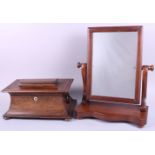 A 19th century rosewood sarcophagus tea caddy with ring handles, 14" wide, and a mahogany toilet