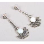 A pair of Art Deco style opal and marcasite white metal earrings, stamped 925, 2" long