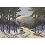 Johan Jacobsen: oil on canvas, alpine snow scene, 27" x 40", in gilt frame