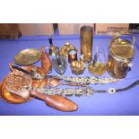 A brass watering can, a brass shell case, miniature horse brasses and various other metalwares